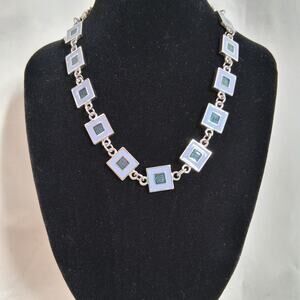 Vintage Art Deco Silver Links Geometric Enamel Inlays Or Stone Blue Green 13"